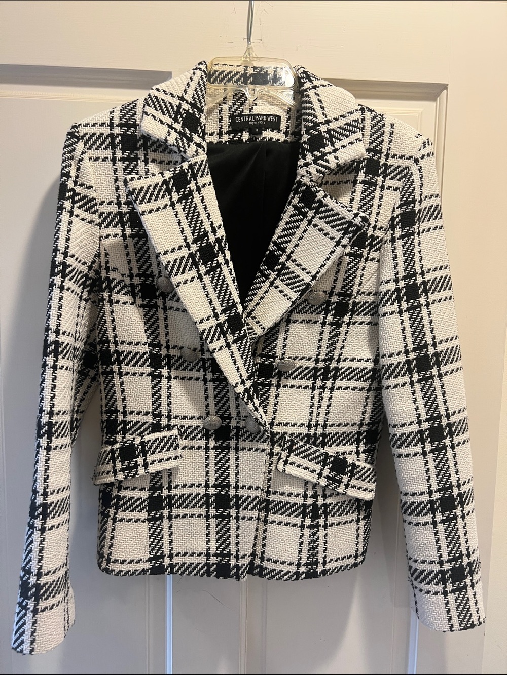 Central Park West Black & White Plaid Double-Breasted Bouclé Blazer